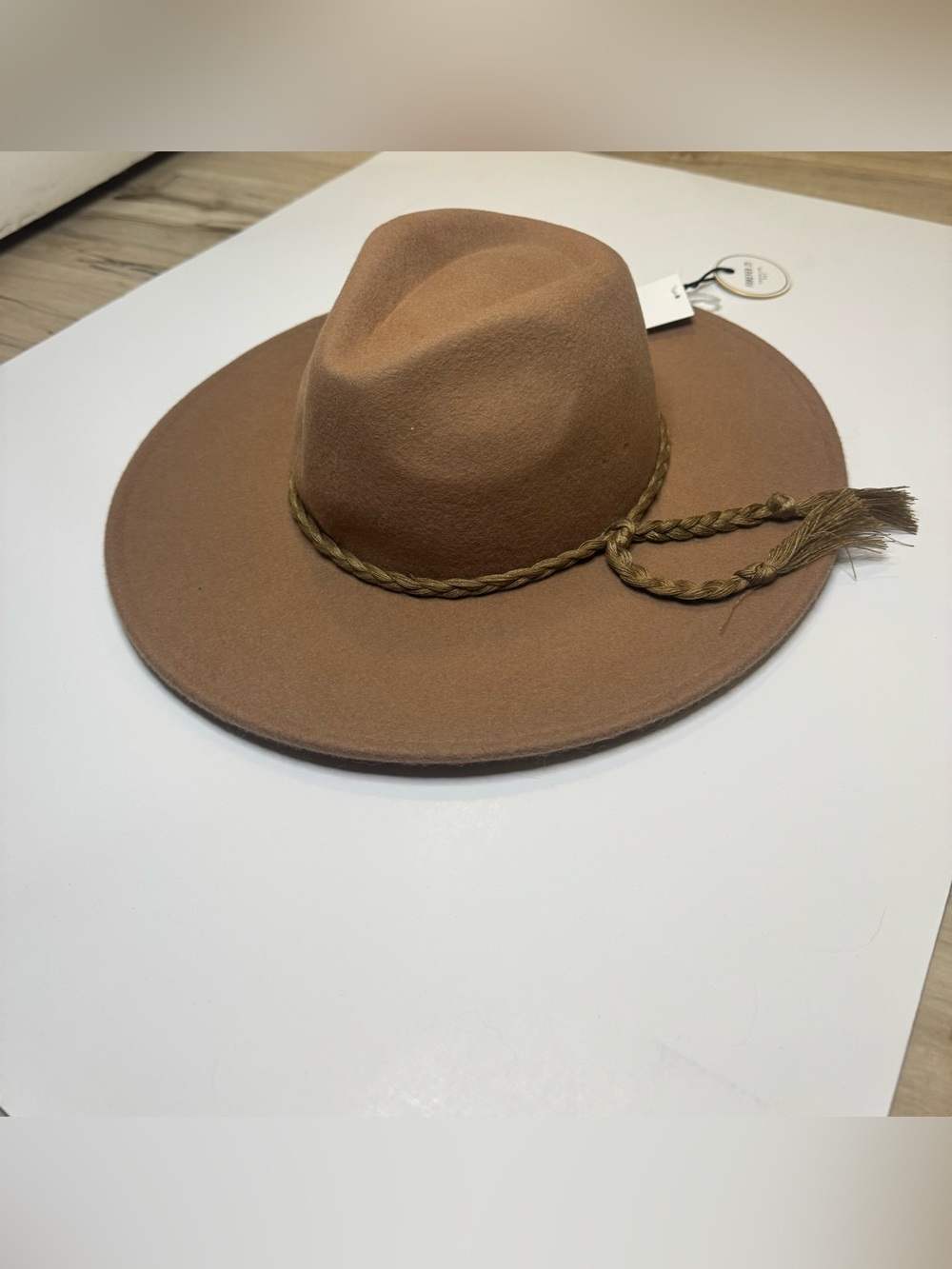 Tan Wide-Brim Felt Hat with Braided Band